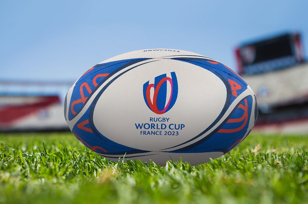 Ballon de rugby Coupe du monde 2023 pour présenter le calendrier des matchs chez bières à l'Affût